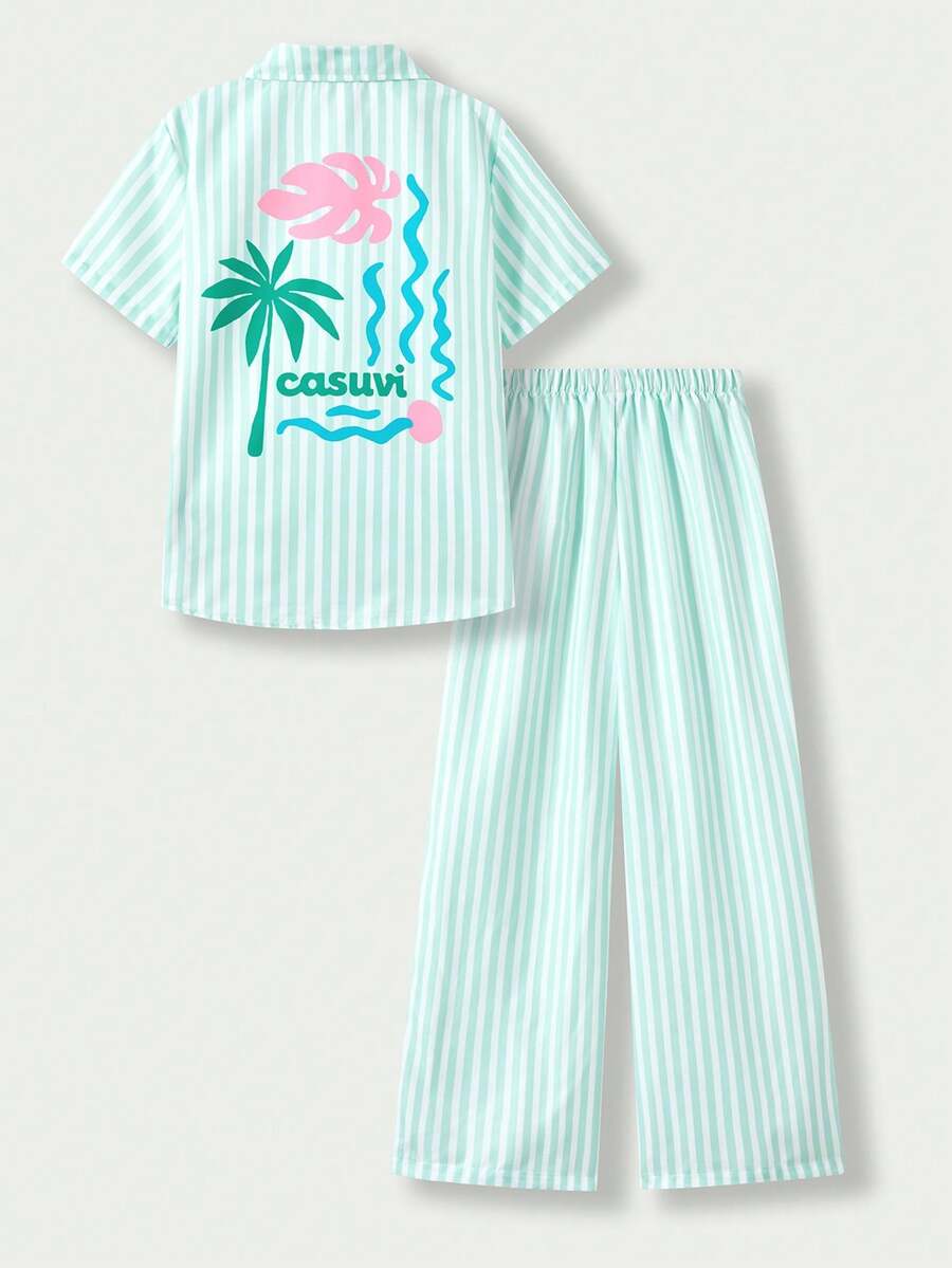 SHEIN Casuvi Kids Bộ áo thun và quần kẻ sọc kiểu dáng thường ngày cho bé gái tuổi teen, thích hợp cho kỳ nghỉ, dã ngoại, đi học, phong cách . - màu xanh lá - Xem 1