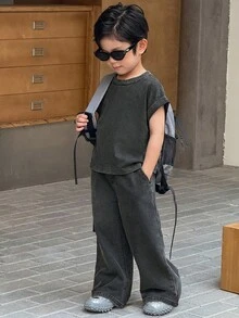 2件套男童深灰色针织牛仔宽松短袖上衣和裤子套装 - 黑色 - 查看 6