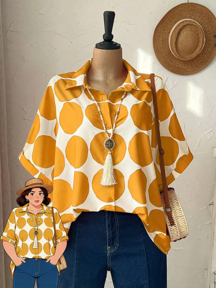 Plus Size Women's Colorblock Print Short Sleeve Shirt,Summer Outfits For Women
