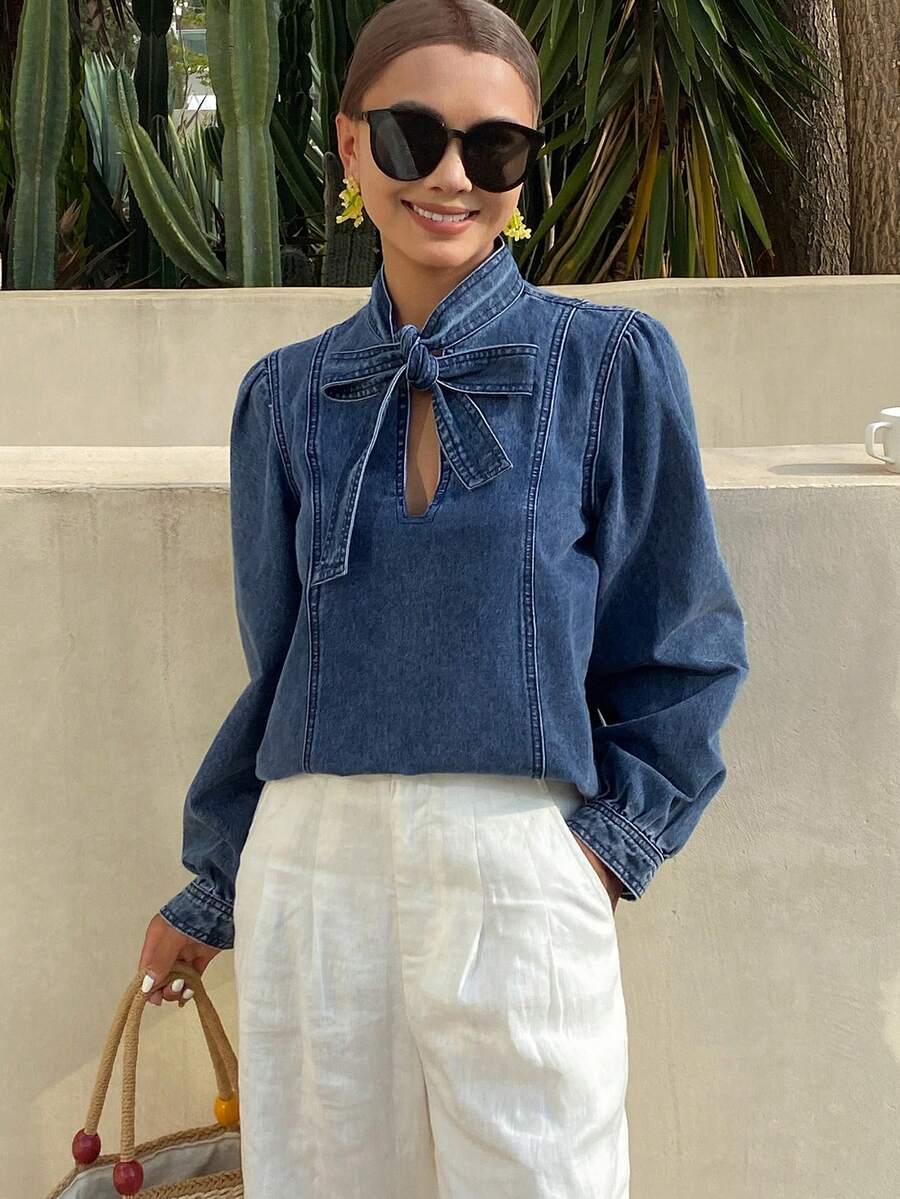 Joudiya Áo sơ mi denim dài tay cổ buộc dây dành cho nữ, kiểu dáng thường ngày. - Màu xanh lam - Xem 1