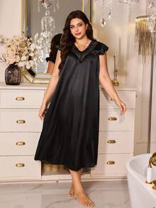 MuseNap CURVE Camisón largo con cuello en V, mangas con volantes y ribete de encaje y satén para tallas grandes - Negro - Ver 2