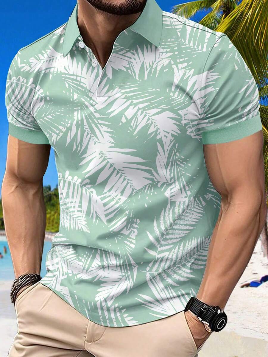 Manfinity RSRT Men's Printed Turndown Collar Polo Shirt, Suitable For Outings, Gatherings, And Vacations - Green - View 1