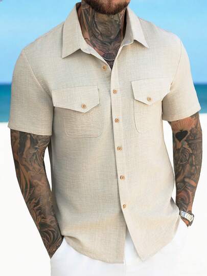 VENTUSAIL Manfinity Nomadique Men's Short Sleeve Shirt Summer Shirt Beach Wear Solid Color Casual Vacation Short Sleeve Shirt Collar Summer Spring Clothing Apparel,Men Old Money,Daily Leisure, Weekend Trips, Outdoor Activities, Travel Expeditions, Relaxed Work Environments Or Semi-Formal Occasions, Boyfriend/Husband Gift, Anniversary /Birthday Gift Party Summer Vacation Holiday,Wedding,Spring To Summer,Easter,Y2k,Vintage,Mens Casual Short Sleeve Button Up Shirt With Dual Pockets Lightweight Breathable Fabric Perfect For Summer Outings,Beige Men Shirt,Linen Men Shirt,Tan Button Up Men,Cream Button Up Men,Men Short Sleeve Shirt