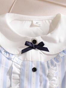 女童（小号）休闲条纹、波点和花卉印花翻领衬衫，配蝴蝶结和荷叶边下摆，搭配半身裙两件套，夏季 - 彩色 - 查看 7