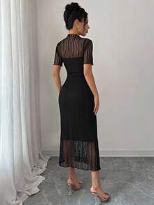 Modelyn Petite Women's Solid Color Mesh Patchwork Short Sleeve Fitted Elegant Long Dress - Black - View 2