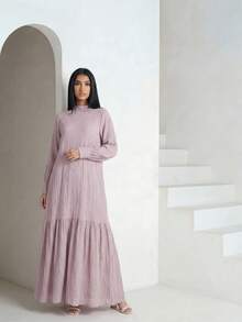 Veilorie 女士纯色立领荷叶边下摆优雅长袖连衣裙 - 紫丁香色 - 查看 6