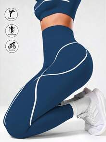 Seamluxe SHEIN Sport Leggings sportivi senza cuciture in vita alta con bordo a contrasto - Blu Navy - Visualizzare 2