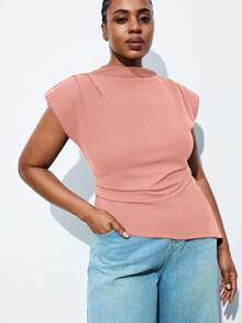 Maija Plus Size Women Solid Color Asymmetrical Hem Fashionable Pleated Design Camisole Blouse For Casual Modern Structured Tops Mother's Day - Pink - View 4