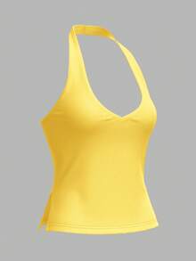 SHEIN BASICS 女士休闲纯色针织露背上衣 - 鵝黃色 - 查看 8