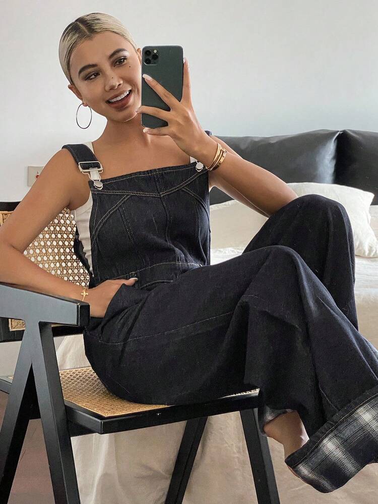 Women Patchwork Plaid Hem Loose Wide Leg Jeans Jumpsuit With Pockets, Casual Street Style For Summer Overalls