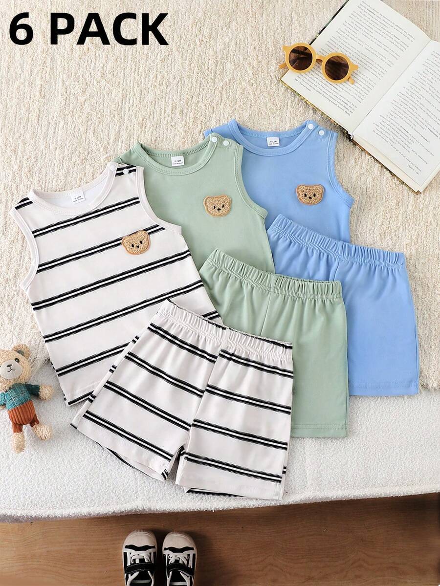 SHEIN Playful Pals 3件套男婴/男女通用婴儿幼儿新生儿0-3岁条纹纯色三件套：圆领无袖小熊刺绣背心和短裤，休闲可爱夏季亲子装 - 彩色 - 查看 1
