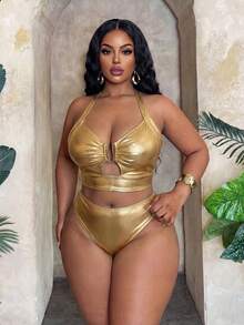 Slaydiva Conjunto de traje de baño para mujer de talla grande con tela de lámina de oro, Primavera/Verano 2026 - Dorado - Ver 5