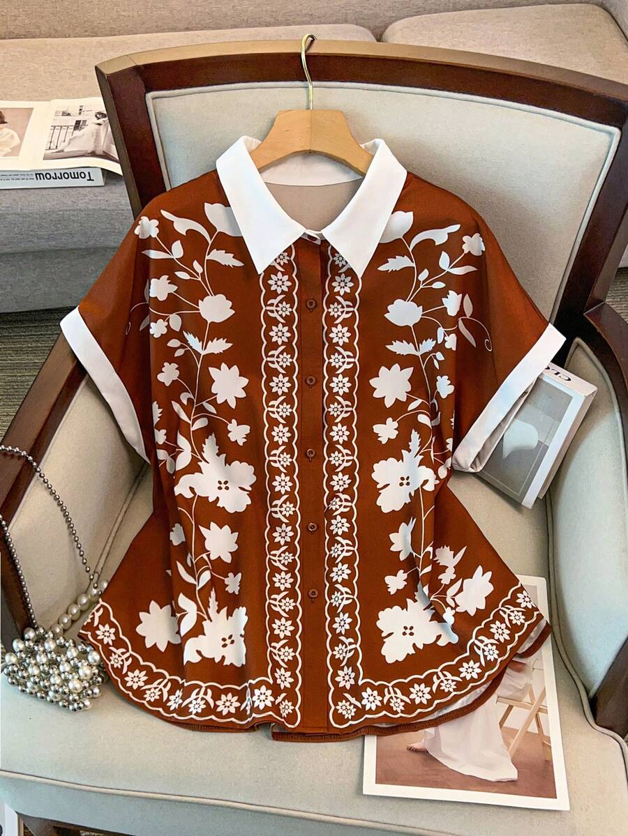 GlowEve CURVE Plus Size Elegant Floral Color Block Shirt, Fitted Slimming Design, Suitable For Daily Commute, Outing, Party And Vacation - Brown - View 1