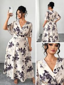 SHEIN Elenzya Đầm thời trang thanh lịch tay bồng in hoa dành cho nữ cỡ lớn - Nhiều màu - Xem 1