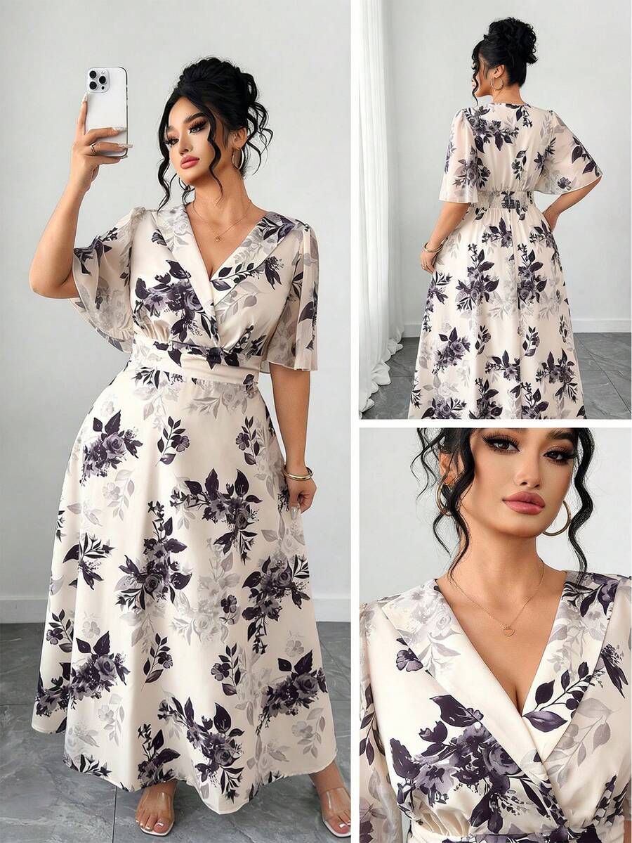 SHEIN Elenzya Đầm thời trang thanh lịch tay bồng in hoa dành cho nữ cỡ lớn - Nhiều màu - Xem 1