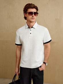 Manfinity Homme 男士休闲通勤短袖麻花图案 Polo 衫 - 白色 - 查看 5