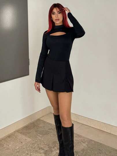 Bearsaez 女士實色不對稱腰部褶皺迷你裙