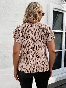 Breezaya Plus Size Minimalist Elegant Printed Round Neck Short Sleeve Shirt Workwear Beige Summer - Khaki - View 2