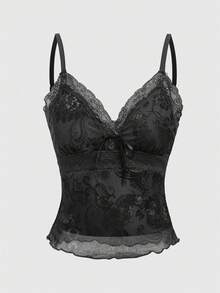 ROMWE Plus Size Vintage Hippie Paisley Floral Print Lace Patchwork Ribbon Tie Strap Cami Top - Black - View 5