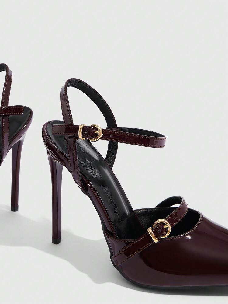 CUCCOO SZL Women Shoes Women's Pointed Stiletto Brown Glossy Ankle Strap Buckle Temperament Elegant Fashion Sexy Women's High-Heeled Shoes Slingback Shoes Suitable For Parties, Parties, Banquets And Other Occasions Women's Shoes