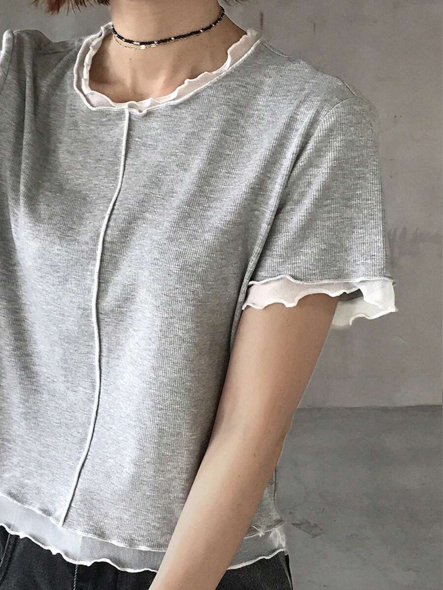 FRIFUL Áo thun nữ tay ngắn cổ tròn màu xám và trắng - Xám - Xem 1