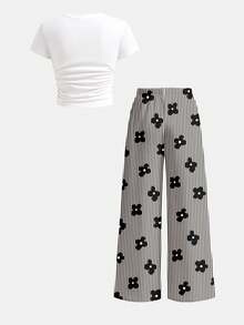 复古甜美黑白条纹迷你碎花印花涂鸦花卉少女风休闲休闲Y2K风可爱派对少女两件套 - T恤和裤子，日常休闲百搭 - 白色 - 查看 5