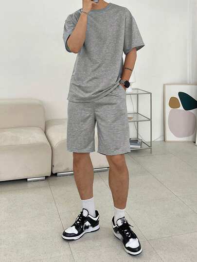 DAZY Men's Solid Gray Short Sleeve T-Shirt And Shorts Set, Summer