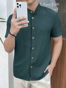 HIMLAND 男士纯色单排扣休闲百搭日常短袖衬衫 - 灰綠 - 查看 4