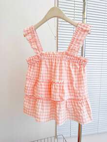 Resyla Women's Plaid Ruffle Hem Casual Versatile Daily Wear Top - Coral Pink - View 4