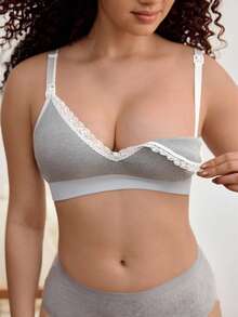 1pc Women's Popular Seamless Minimalist Lace Comfortable High Cost-Effective High Quality Maternity Bra - Grey - View 1
