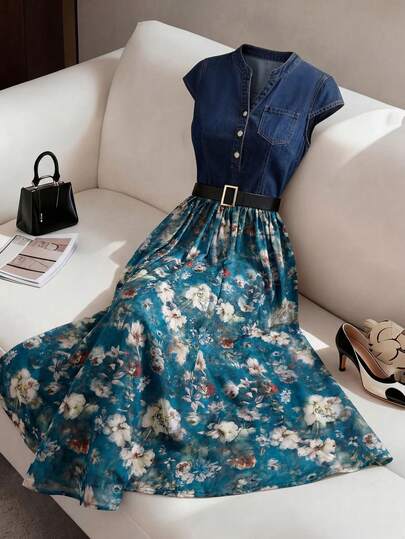 GlowEve Women's Button Front Patchwork Floral Print Denim Dress