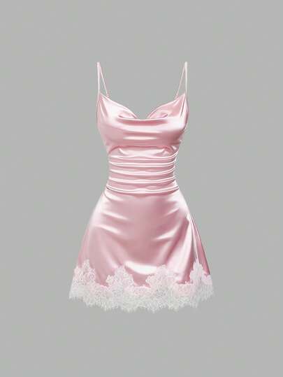 Sweetra Nuevo diseño de primavera/verano con estilo elegante y sensual, vestido rosa cómodo y versátil para vacaciones, con ajuste ceñido, escote sin tirantes y adornos de encaje