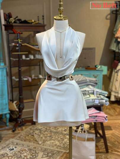 NostaNoir Đầm thời trang cổ xếp ly màu trơn dành cho nữ