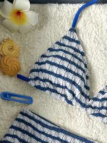 SHEIN Bộ bikini màu be trơn mới dành cho thiếu nữ, đồ bơi tối giản cho kỳ nghỉ biển. - Màu xanh hải quân - Xem 4