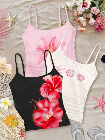 Bộ 3 áo hai dây croptop thể thao ôm sát, thoải mái chủ đề bãi biển nhiệt đới dành cho nữ tuổi teen, gồm hoa dâm bụt, hoa sứ, sao biển và vỏ ngọc trai, màu trắng, hồng nhạt và đen.