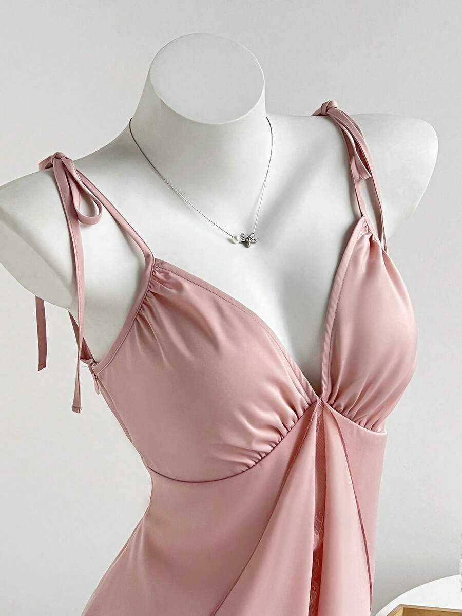 Elamini Đầm nữ, chất liệu satin crepe, phối ren, cổ chữ V. - Hồng - Xem 1