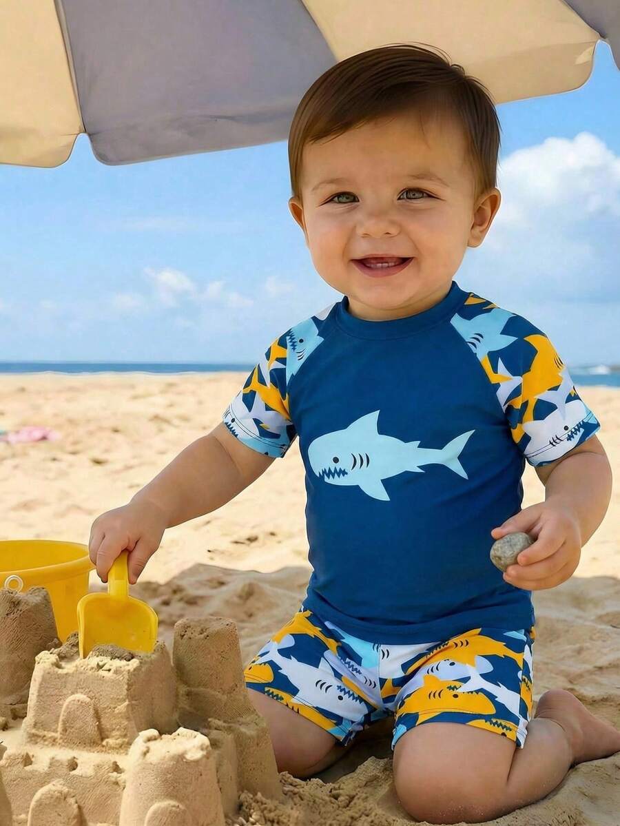 Baby Boy Cartoon Beach Print Raglan Short Sleeve Shorts Swimsuit Set - Blue - View 1