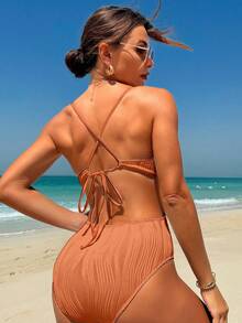 Swim Vcay Costum de baie dintr-o singură piesă pentru femei, cu volane, culoare uni, potrivit pentru vacanțe la plajă, petreceri la piscină, petreceri pe plajă - Portocale - Vizualizare 2