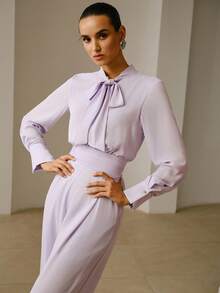 ZEYLAH Bộ áo liền quần dài tay bằng vải chiffon mỏng nhẹ với cổ áo ruy băng và cúc đính đá, thích hợp cho mùa xuân/hè. - Màu tím - Xem 5