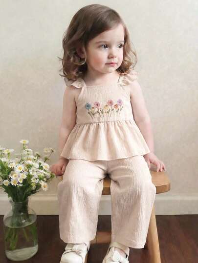 2pcs/Set Baby Girls' Summer New Off Shoulder Ruffle Sleeve Embroidered Flower Hem Camisole Top And Straight Leg Casual Pants Set, Apricot Color, Minimalist Stylish Cute Outfit