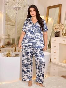 SHEIN Bộ quần áo cỡ lớn chất liệu giả lụa, in họa tiết hoa thanh lịch, tay ngắn. - Xanh và trắng - Xem 5