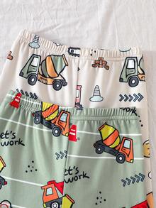 4件套男童短袖长裤套装，橄榄绿和杏色卡通汽车印花修身休闲舒适柔软弹力睡衣，夏季 - 彩色 - 查看 4