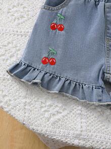 SHEIN Girlhood Core Young Girl' Casual Collegiate Style Red Camisole And Blue Washed Denim Shorts With Cherry Print 2-Piece Set - Multicolor - View 5