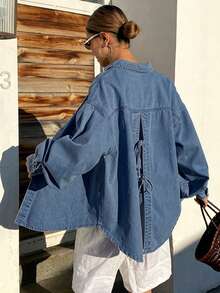 Áo khoác denim nữ dáng rộng, thoải mái, phong cách nghỉ dưỡng, có nơ, thích hợp cho mùa xuân và mùa hè. - Màu xanh lam - Xem 7