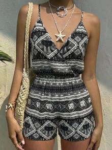 SHEIN EZwear Mono casual de vacaciones con estampado geométrico y drapeado para mujer - Negro - Ver 9