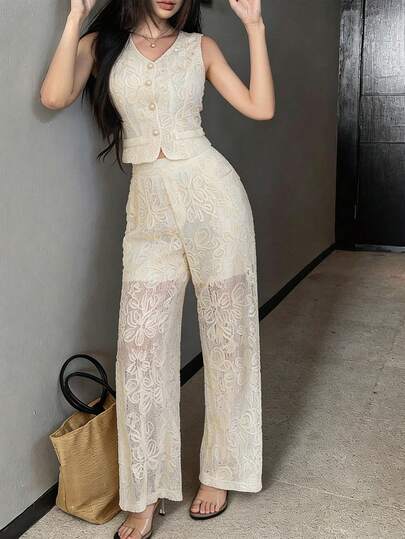 DAZY Conjunto de 2 piezas elegante de encaje para primavera/verano: chaqueta sin mangas y pantalones rectos, atuendo casual de oficina, estilo de lujo de dinero antiguo para mujer de negocios casuales