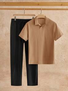 HIMLAND Men's Solid Color Short Sleeve Half-Placket Casual Shirt Set, Summer - Brown - View 4