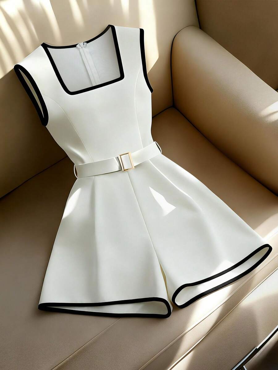 Franclia Bộ jumpsuit không tay cổ vuông thanh lịch có thắt lưng dành cho nữ, thích hợp đi làm. - trắng - Xem 1