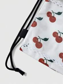 ROMWE Kawaii Sweet Cherry Printed Drawstring Backpack - Lightweight And Lovely Lace Trimmed Casual Backpack With Transparent Pocket Fitness Bag For School, Commuting, Travel And Daily Use - White Cherry - View 4