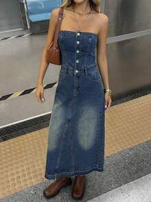 Women's Casual Washed Denim Jumpsuit Dress With Pockets, Summer - Medium Wash - View 6